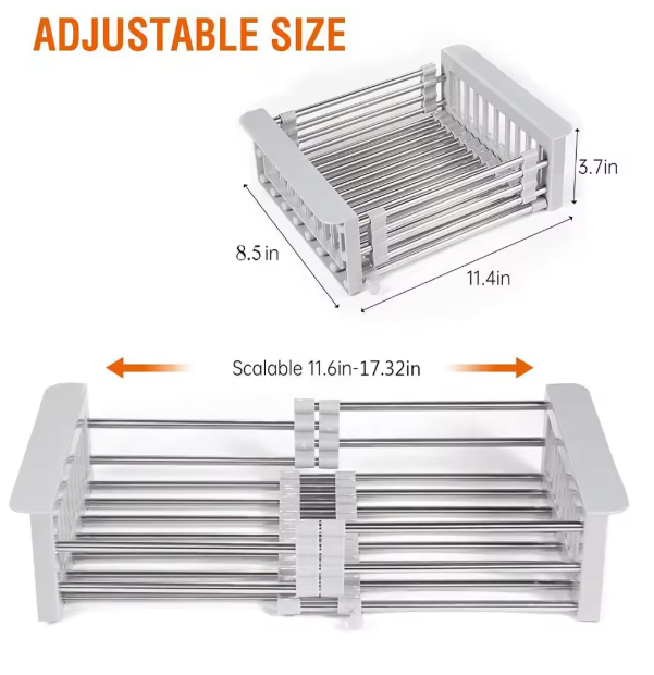 Adjustable Over-Sink Stainless Steel Dish Drying Rack with Expandable Arms – Cutlery Basket & Kitchen Sink Organizer