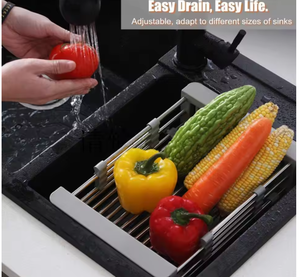 Adjustable Over-Sink Stainless Steel Dish Drying Rack with Expandable Arms – Cutlery Basket & Kitchen Sink Organizer