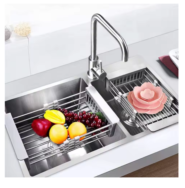 Adjustable Over-Sink Stainless Steel Dish Drying Rack with Expandable Arms – Cutlery Basket & Kitchen Sink Organizer