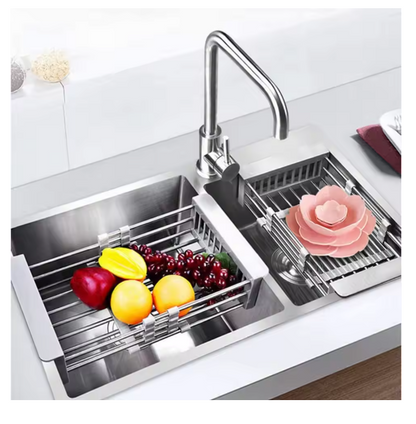 Adjustable Over-Sink Stainless Steel Dish Drying Rack with Expandable Arms – Cutlery Basket & Kitchen Sink Organizer