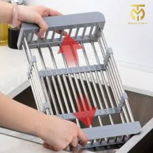 Adjustable Over-Sink Stainless Steel Dish Drying Rack with Expandable Arms – Cutlery Basket & Kitchen Sink Organizer