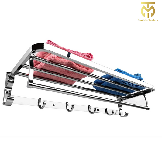 Multi-Functional Towel Holder with Shelf & Hooks – Durable 304 Stainless Steel Design