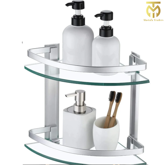 Elegant Glass Corner Shelf – 2-Tier Rack for Bathroom & Kitchen
