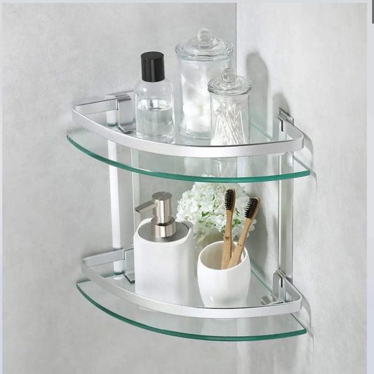 Elegant Glass Corner Shelf – 2-Tier Rack for Bathroom & Kitchen